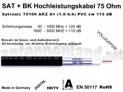 500 m Sytronic 75100 AKZ 1.0/4.6 3S A+ PVC sw - RG6 SAT+BK Hochleistungskabel für den Innen- und Außeneinsatz, schwarz, UV-stabil